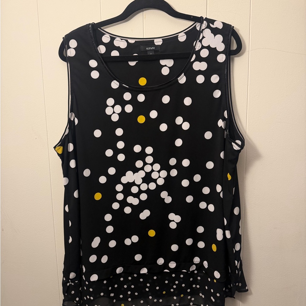 Alfani Black Sleeveless Polka Dot Layered-Hem Top with matching skirt